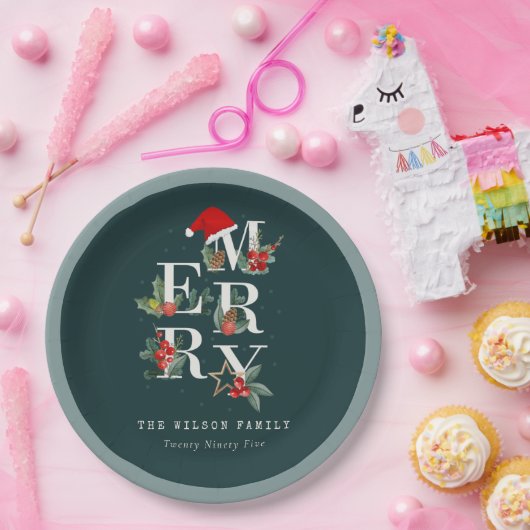 Elegant Red Green White Merry kerstval Papieren Bordje (Feest)