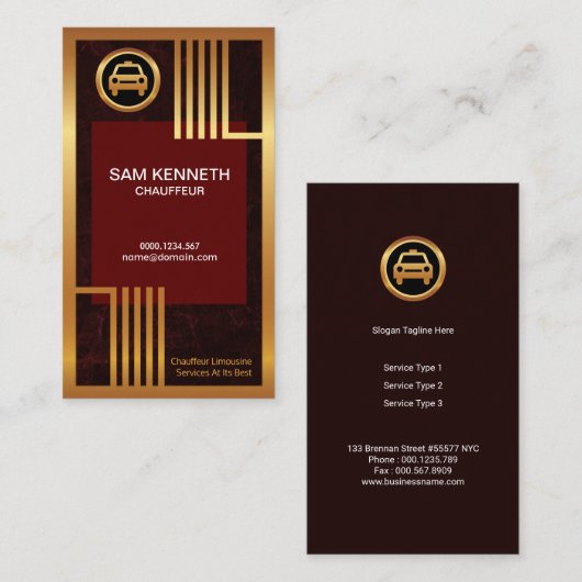 Elegant Red Grunge Golden Borders Taxi Chauffeur Visitekaartje (Voorkant / Achterkant)