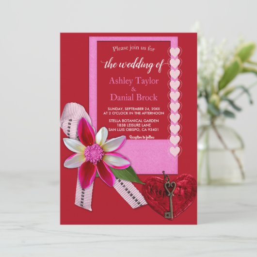 Elegant Red Heart Bow Script Classy Formal Wedding Kaart (Staand voorkant)