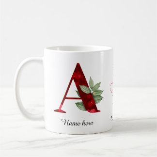Elegant Red Heart Floral Letter A Initial Mug Koffiemok