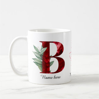 Elegant Red Heart Floral Letter B Initial Coffee  Koffiemok