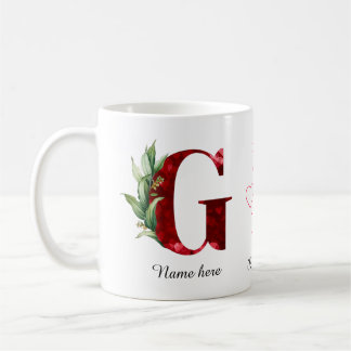Elegant Red Heart Floral Letter C Initial Coffee G Koffiemok