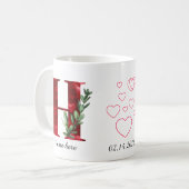 Elegant Red Heart Floral Letter H Initial Coffee  Koffiemok (Voorkant links)