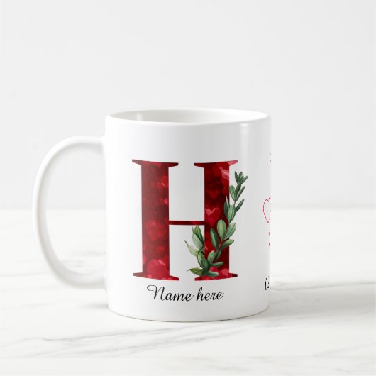 Elegant Red Heart Floral Letter H Initial Coffee  Koffiemok (Links)