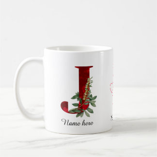 Elegant Red Heart Floral Letter J Initial Mug Koffiemok