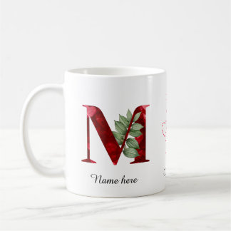 Elegant Red Heart Floral Letter M Initial Mug Koffiemok
