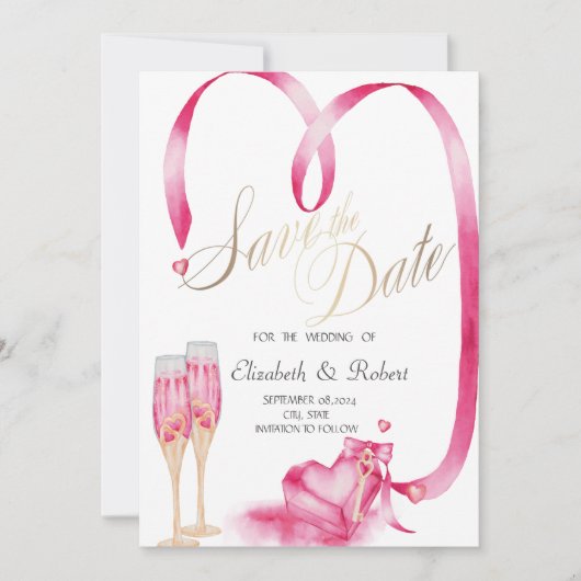 Elegant Red Hearts Champagne glas Save The Date (Voorkant)