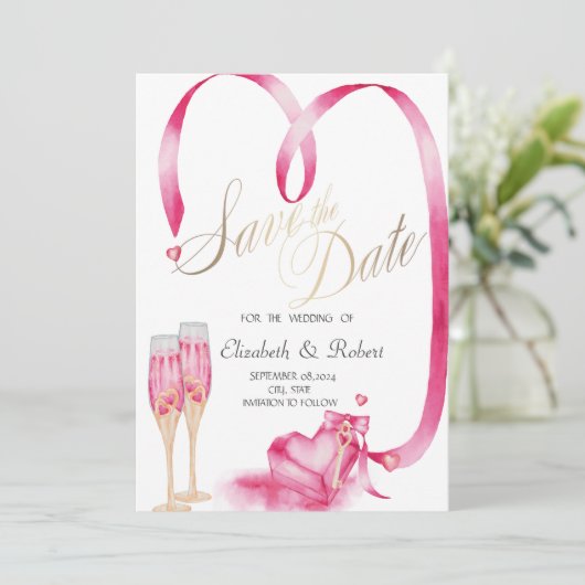 Elegant Red Hearts Champagne glas Save The Date (Staand voorkant)