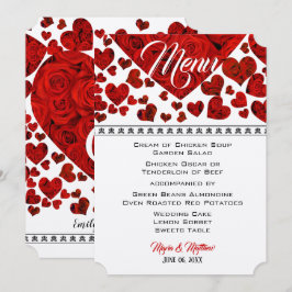 Elegant Red Hearts en Rozen Wedding Menu Kaart