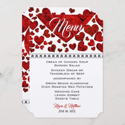 Elegant Red Hearts en Rozen Wedding Menu Kaart (Voorkant / Achterkant)