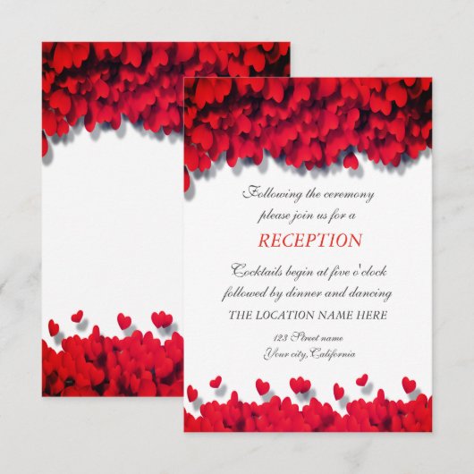 Elegant Red Hearts Reception Kaart (Voorkant / Achterkant)
