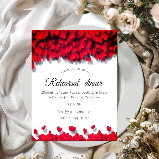Elegant Red Hearts Rehearsal Dinner Kaart