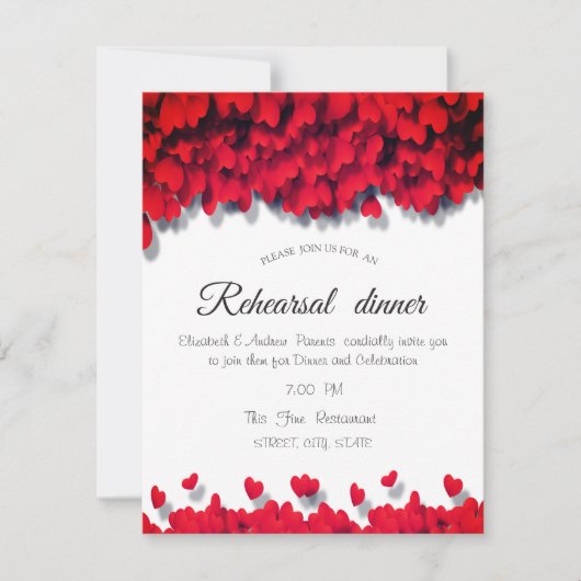 Elegant Red Hearts Rehearsal Dinner Kaart (Voorkant)
