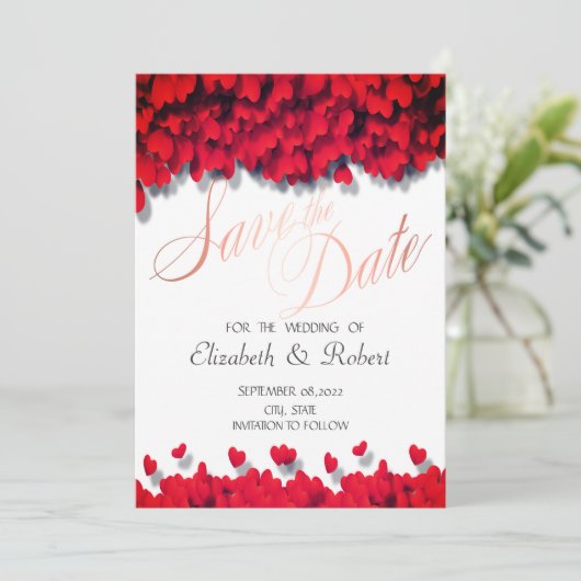Elegant Red Hearts Save The Date (Staand voorkant)