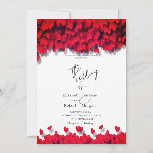 Elegant Red Hearts Wedding Kaart (Voorkant)