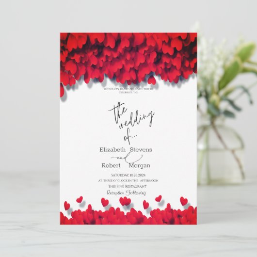 Elegant Red Hearts Wedding Kaart (Staand voorkant)