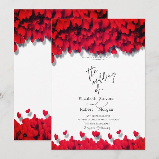Elegant Red Hearts Wedding Kaart (Voorkant / Achterkant)