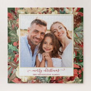 Elegant Red Holiday Floral kerstfoto Legpuzzel
