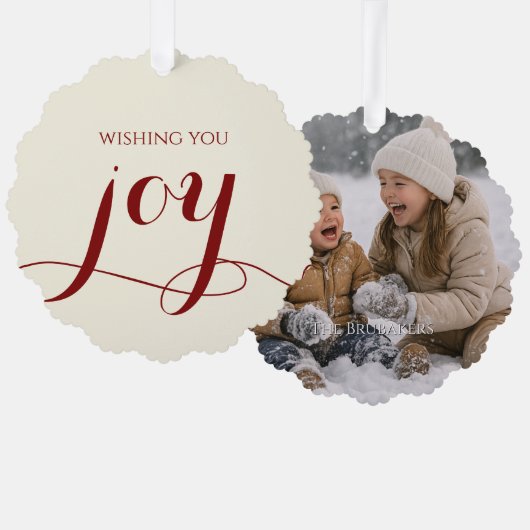 Elegant Red Joy Personalized Christmas Photo Ornament Kaart (Voorkant / Achterkant)