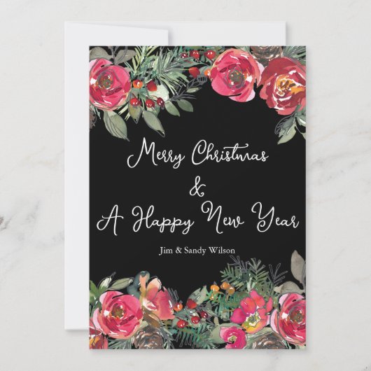 Elegant Red kerstbloemen op zwarte achtergrond Feestdagenkaart (Voorkant)