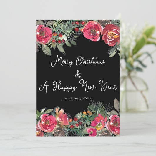 Elegant Red kerstbloemen op zwarte achtergrond Feestdagenkaart (Staand voorkant)