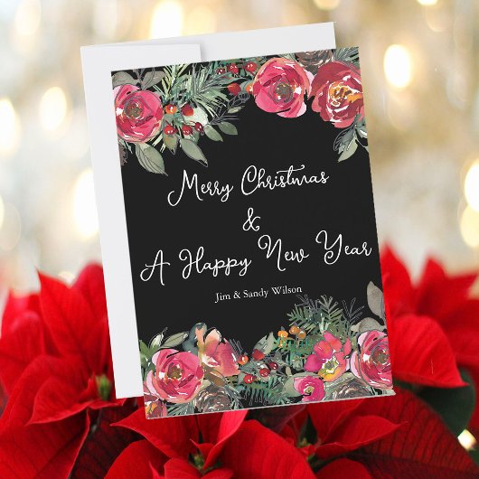 Elegant Red kerstbloemen op zwarte achtergrond Feestdagenkaart