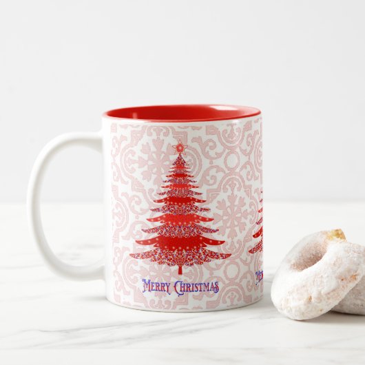 Elegant Red Kerstbomen Snowflakes Tweekleurige Koffiemok (Met donut)