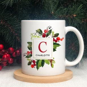 Elegant Red Kerstbruin Monogram Koffiemok