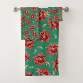 Elegant Red Kerstcactus Flowers op Green Bad Handdoek