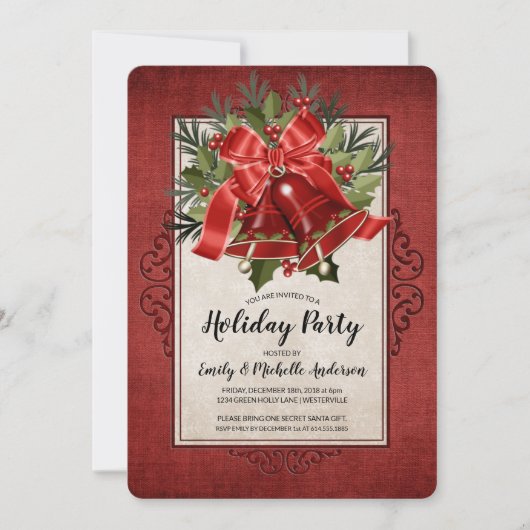 Elegant Red Kerstmis Bells Holiday Party Kaart (Voorkant)