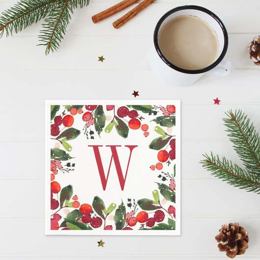 Elegant Red Kerstmis Greenery Monogram Wreate Servetten