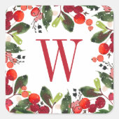 Elegant Red Kerstmis Greenery Monogram Wreate Vierkante Sticker (Voorkant)