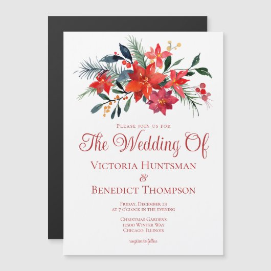 Elegant Red Kerstmis Poinsettia Floral Wedding Magnetische Uitnodiging (Voorkant / Achterkant)