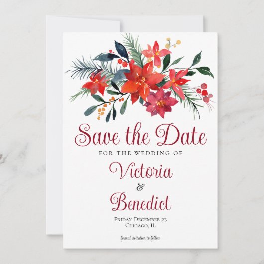 Elegant Red Kerstmis Poinsettia Sla de datum op Kaart (Voorkant)