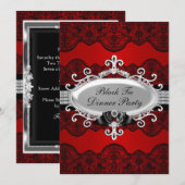 Elegant Red Lace & Bow Black Stropdas Dinner Party Kaart (Voorkant / Achterkant)