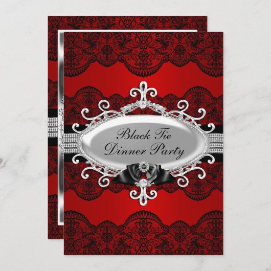 Elegant Red Lace & Bow Black Stropdas Dinner Party Kaart (Voorkant / Achterkant)