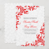 Elegant Red Lace White Damaskers Wedding Invite Kaart (Voorkant / Achterkant)