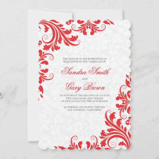 Elegant Red Lace White Damaskers Wedding Invite Kaart (Voorkant)