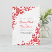 Elegant Red Lace White Damaskers Wedding Invite Kaart (Staand voorkant)