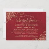 Elegant Red & Lacy Gold Wedding Rehearsal & Dinner Kaart (Voorkant)