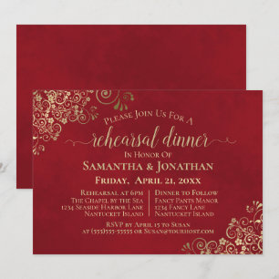 Elegant Red & Lacy Gold Wedding Rehearsal & Dinner Kaart
