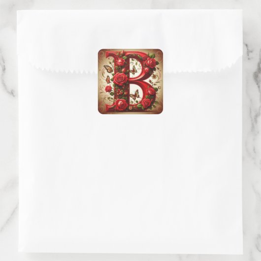 Elegant Red Letter B by Roses and Butterfly Vierkante Sticker (Tas)