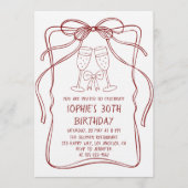 Elegant Red Line Art Bow & Champagne 30th Birthday Kaart (Voorkant)