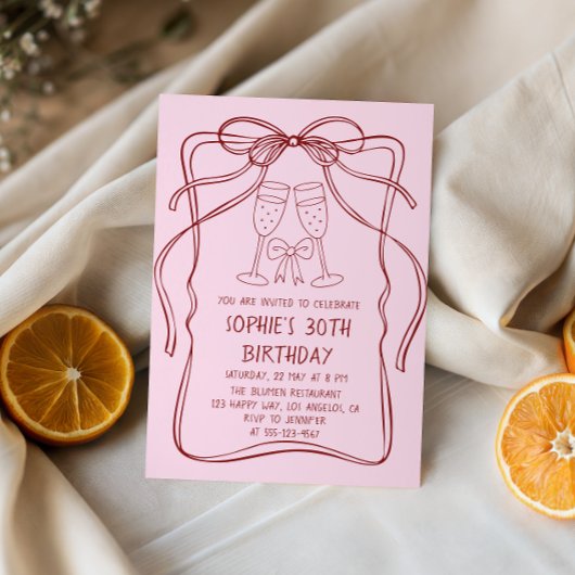 Elegant Red Line Art Bow & Champagne 30th Birthday Kaart
