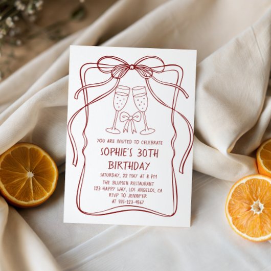 Elegant Red Line Art Bow & Champagne 30th Birthday Kaart