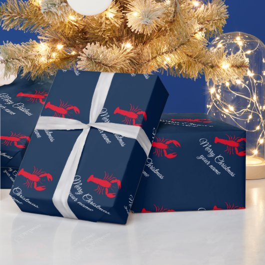 Elegant red lobster navy blue Merry kerst  Cadeaupapier (Feestdagen)