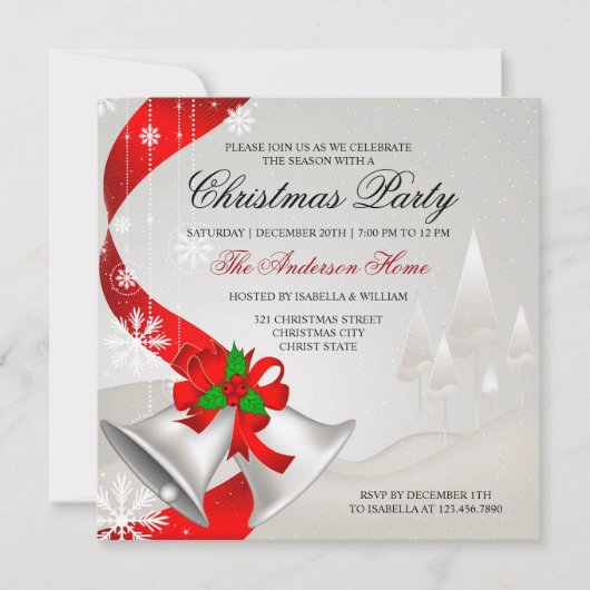 Elegant Red Loop Silver Bells kerstmis Kaart (Voorkant)