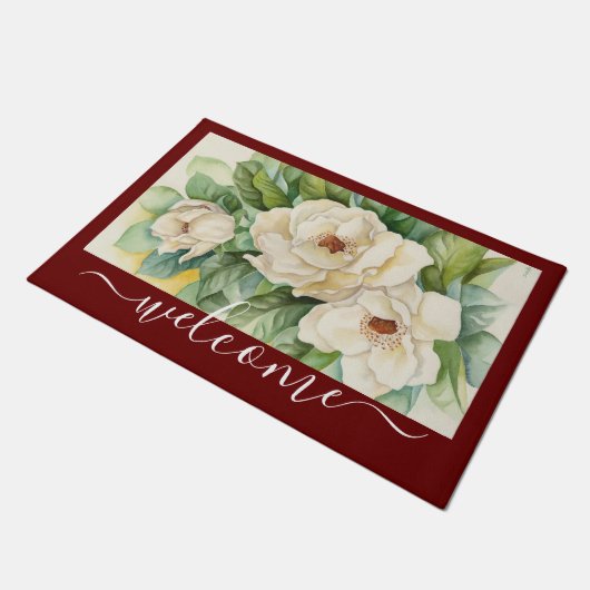 Elegant Red Magnolia Floral Welcome Script Deurmat (Schuin)