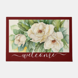 Elegant Red Magnolia Floral Welcome Script Deurmat