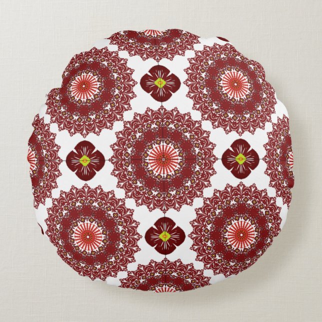 Elegant Red Mandala Geometric Bedroom & Home Texti Rond Kussen (Voorkant)